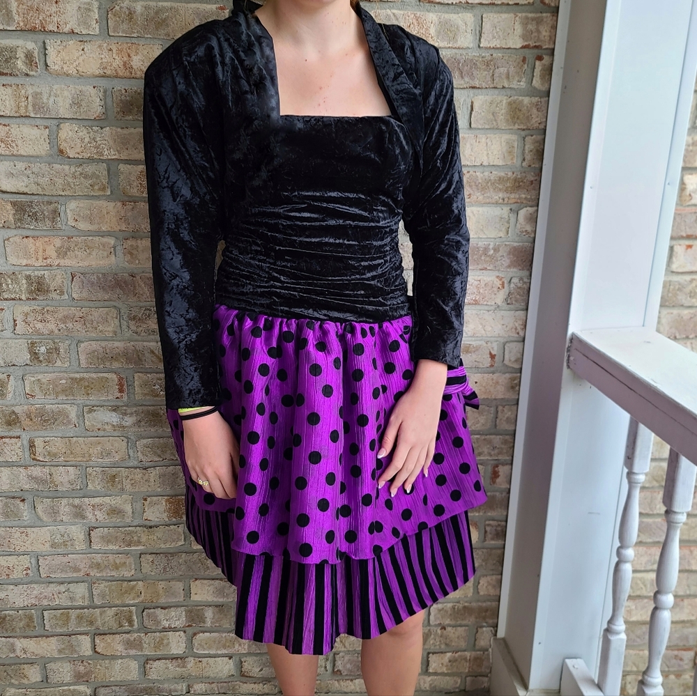 Vtg 80's Lisa Ho Purple Black Velvet Polka Dot Strapless Dress Bolero Jacket 10